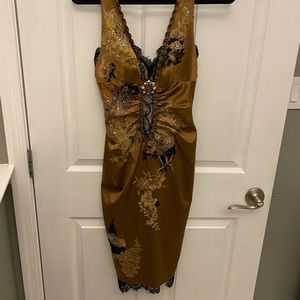 Julian Joyce satin & lace appliqué dress